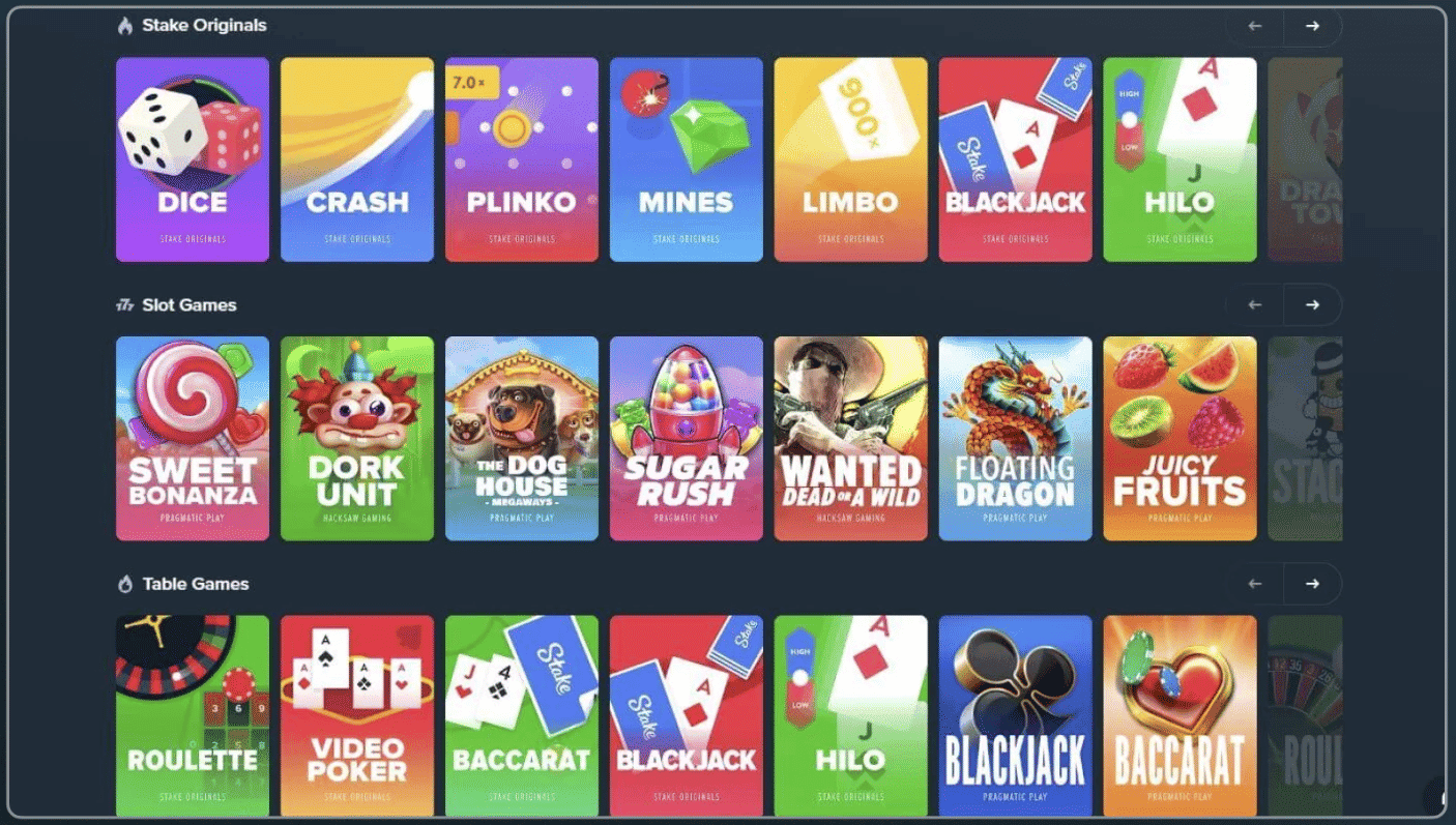 Interfaccia di Stake Casino